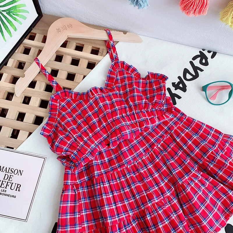 Girls Fashion Plaid Slip Tops And Skirt Set