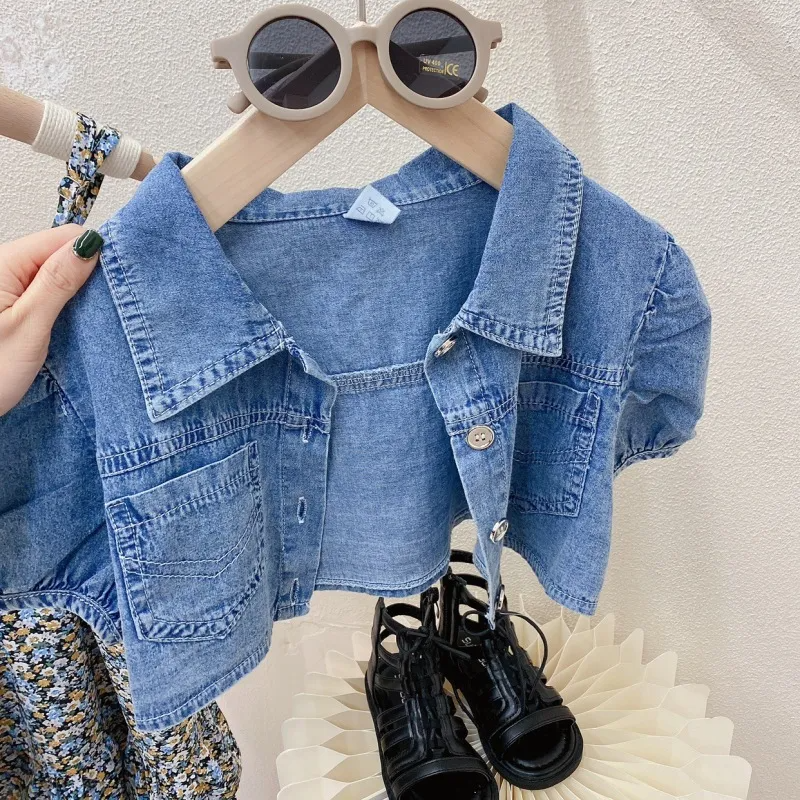 Children Kids Toddler Girls Denim Top Coat And Flower Suspender Dress 2pcs Set