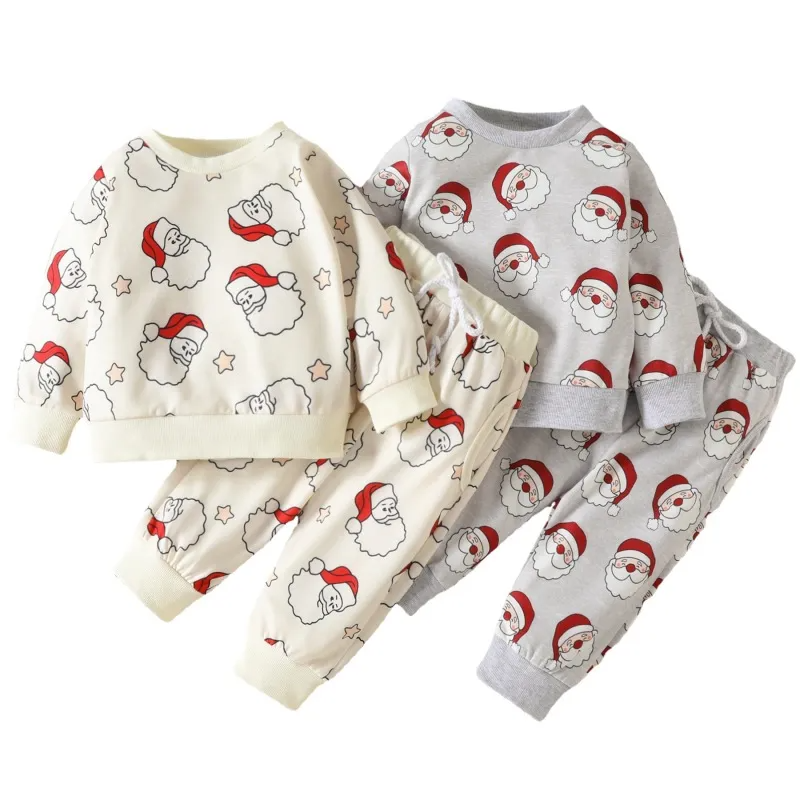 Kids Toddler Boys Girls Casual Cute Santa Claus Pattern Long Sleeve Round Neck Sweatshirts Pants Sets