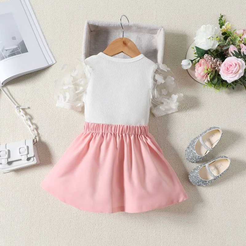 Kids Toddler Girls Fashion Casual Cute Solid Color Puff Sleeve Round Neck Top Skirt Set