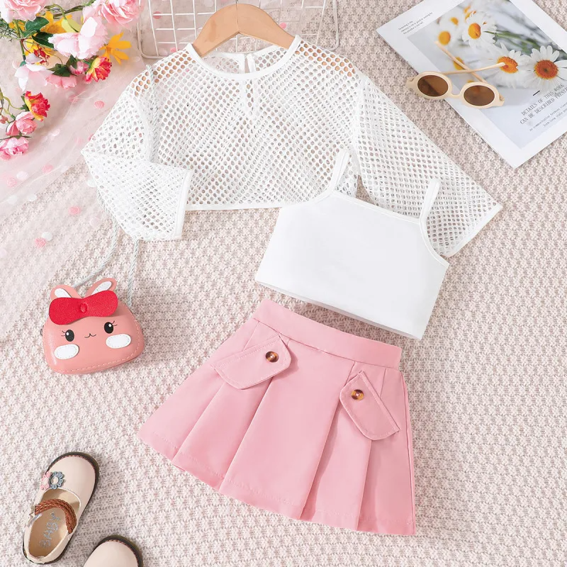 Kids Toddler Girls Summer Casual Cute Solid Color Mesh Long Sleeve Top Camisole Skirt 3-Piece Set