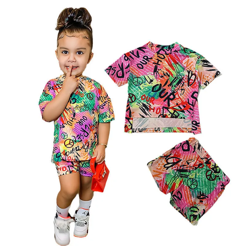 Kids Toddler Big Girls Summer Fashion Casual Cute Color Matching Letter Round Neck Short Sleeve Shorts Set