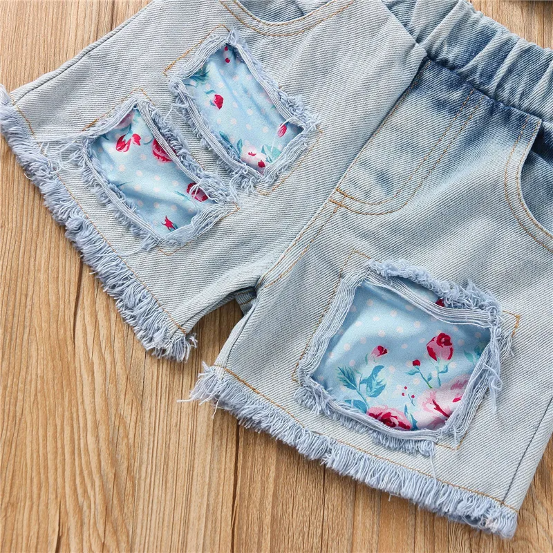 Girls Fashion Flower Pattern Tops And Denim Shorts Set