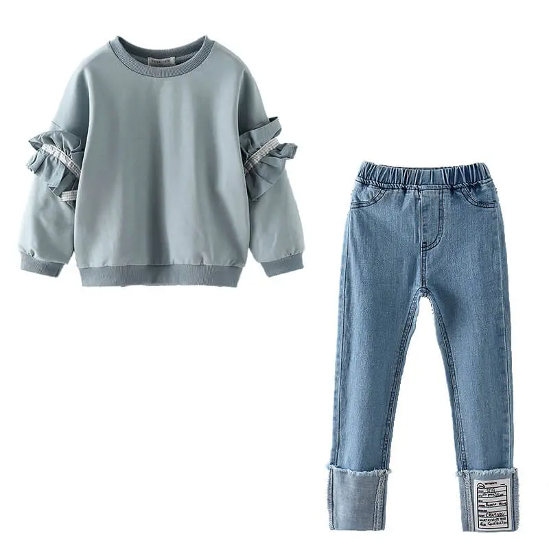 Girls Long-Sleeves Lace Design Solid Color Sweatshirt And Jeans Set