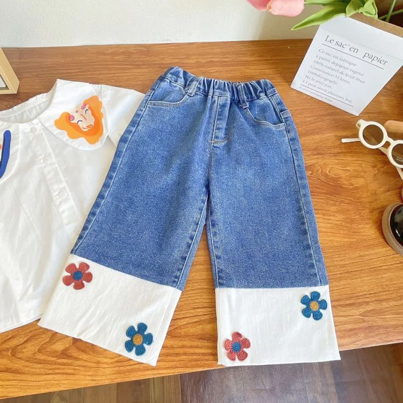 Children Kids Baby Fashion Girls Casual Long Sleeve Cartoon Print Blouse And Flower Jeans 2pcs Set