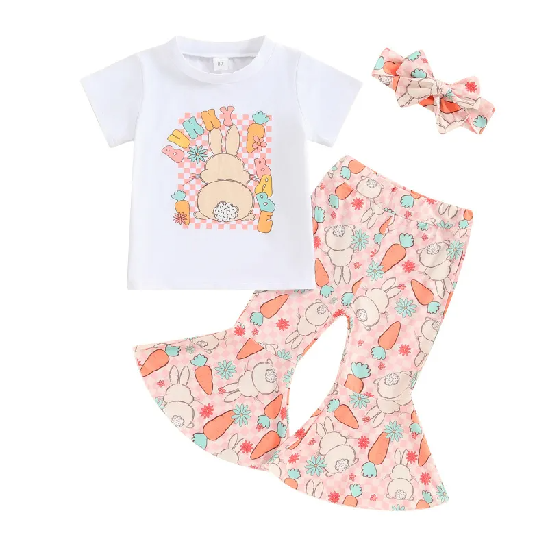 Kids Toddler Girls Easter Cute Cartoon Bunny Print Short Sleeve Round Neck Flare Trousers Set