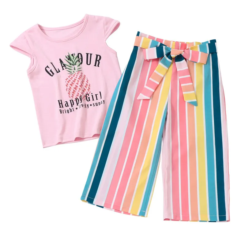 Children Kids Baby Fashion Girls Short Sleeve Pineapple Print T-Shirt And Stripes Pants 2pcs Set