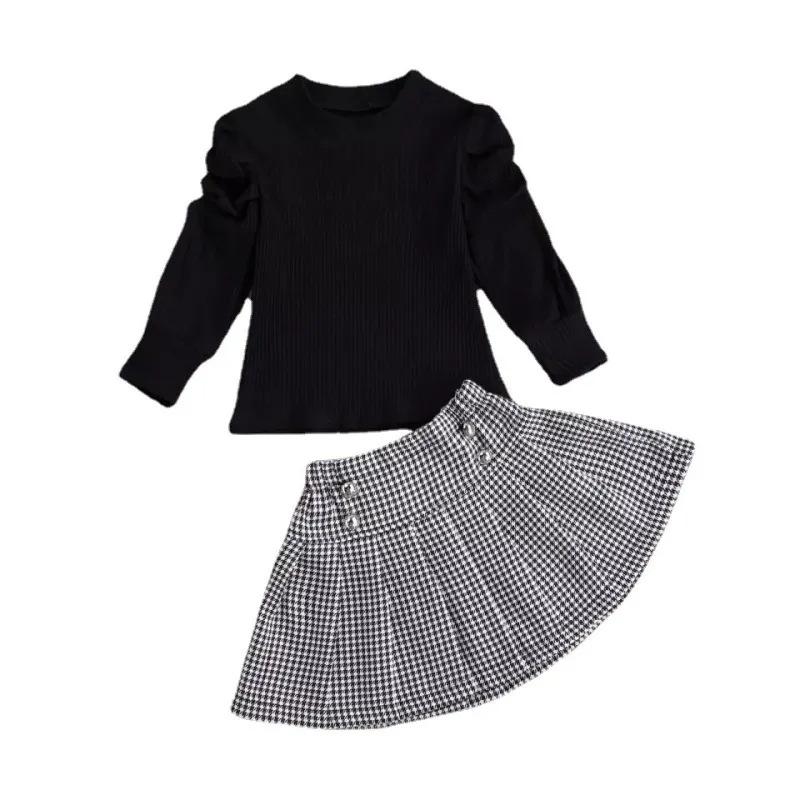 Children Kids Toddlers Girls Black Long Sleeves Tops And Skirt 2pcs Set