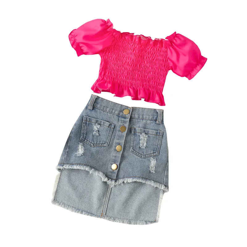 Children Kids Toddlers Girls Short Sleeve Top And Denim Skirt 2pcs Set