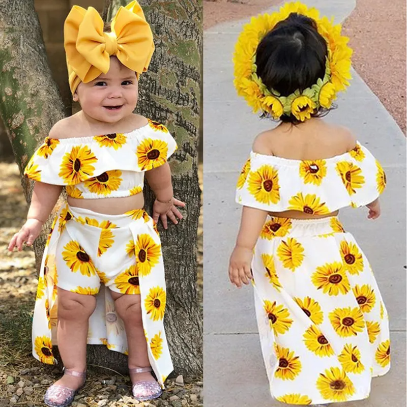 Girls Fashion Sunflower Pattern Ruffled Tops And Culotte With Headband Set