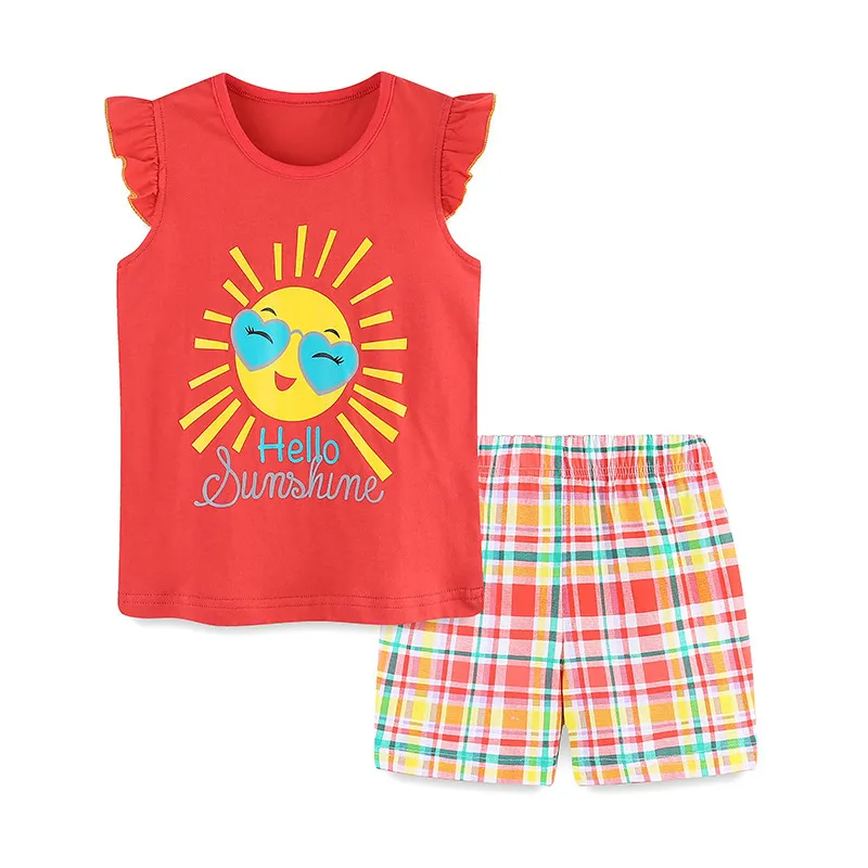 Kids Toddler Girls Casual Cute Cartoon Print Fluttering Sleeve Round Neck T-Shirt Plaid Shorts Set