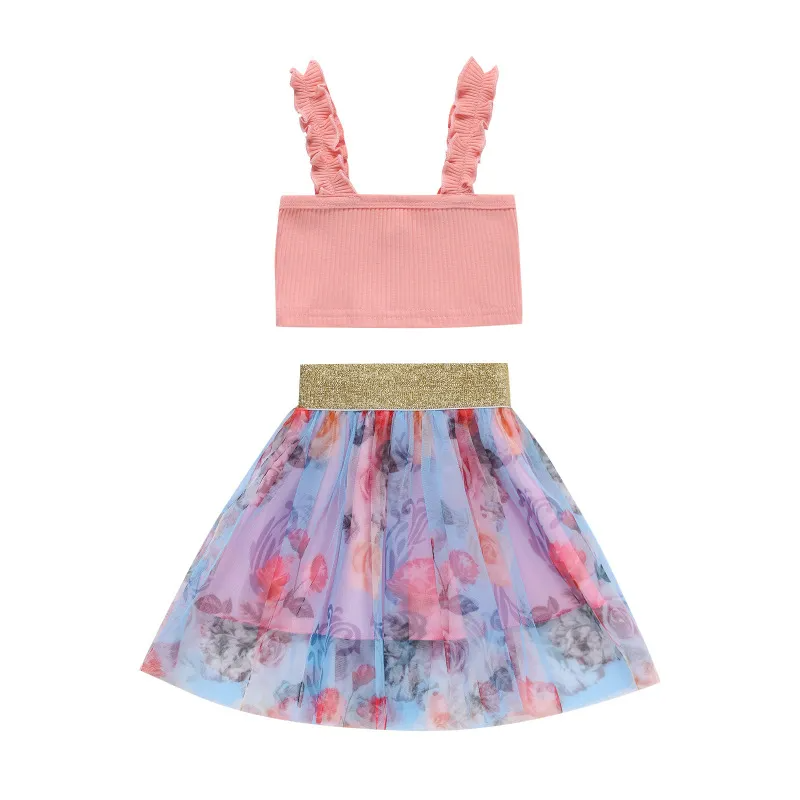 Kids Toddler Girls Fashion Casual Cute Solid Color Camisole Mesh Floral Skirt Set