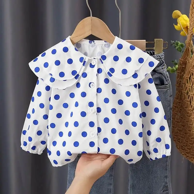 Girls Fashion Lapel Polka Dot Blouse And Jeans Set