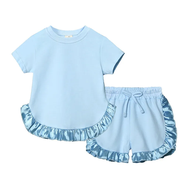 Children Kids Baby Fashion Girls Short Sleeve Casual Basic Solid Color Ruffle T-Shirt And Shorts 2pcs Set