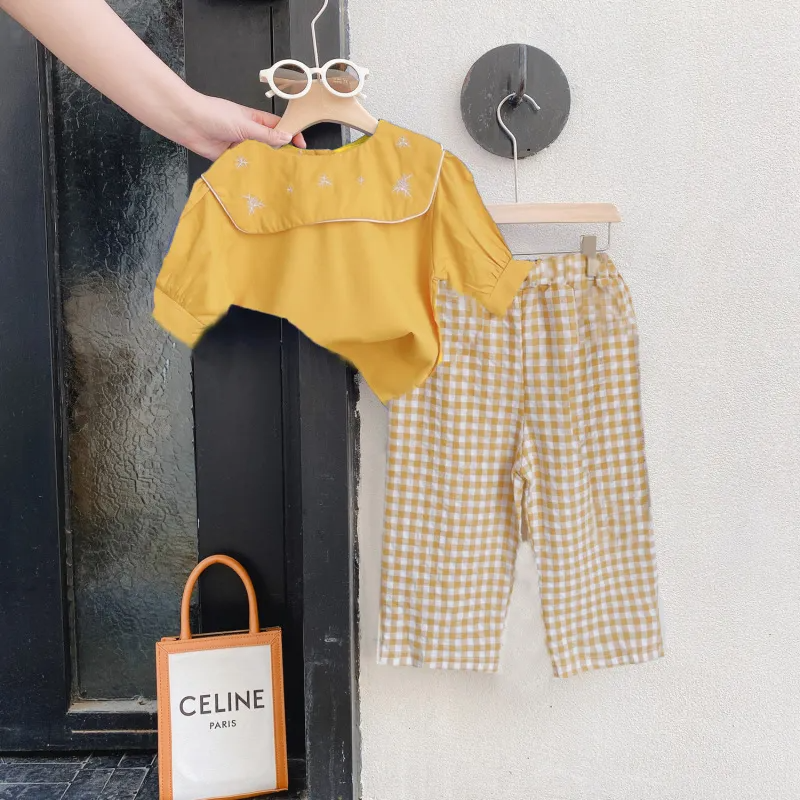 Children Kids Baby Fashion Girls Casual Short Sleeve Cute Top And Plaid Print Pants 2pcs Set