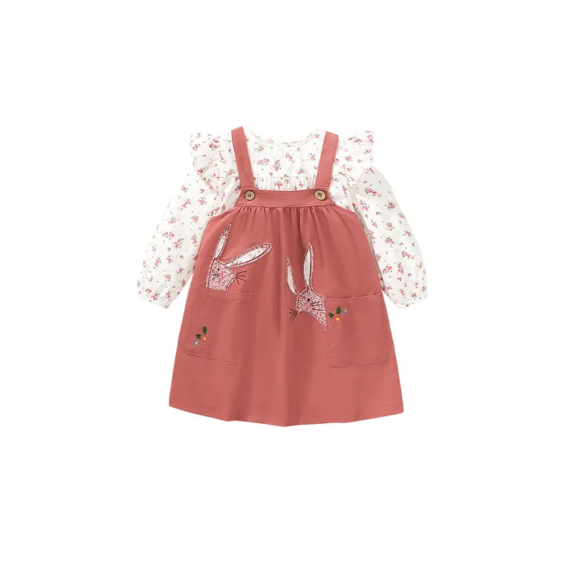 Kids Toddler Big Girls Fashion Casual Cute Tiny Flower Long Sleeve Round Neck Solid Color Embroidery Rabbit Suspender Skirt Set