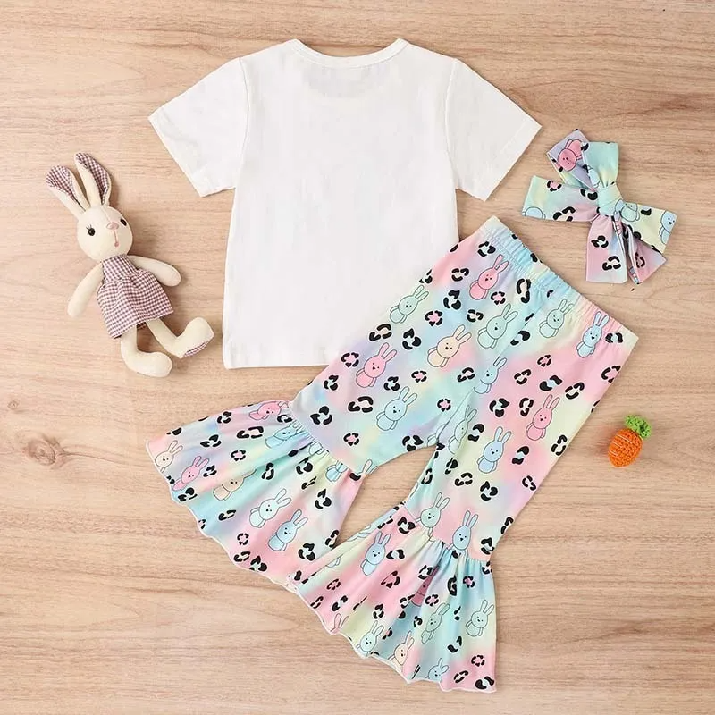 Kids Toddler Girls Casual Cute Easter Alphabet Cartoon Rabbit Print Short Sleeve Round Neck T-Shirt Flare Trousers Set