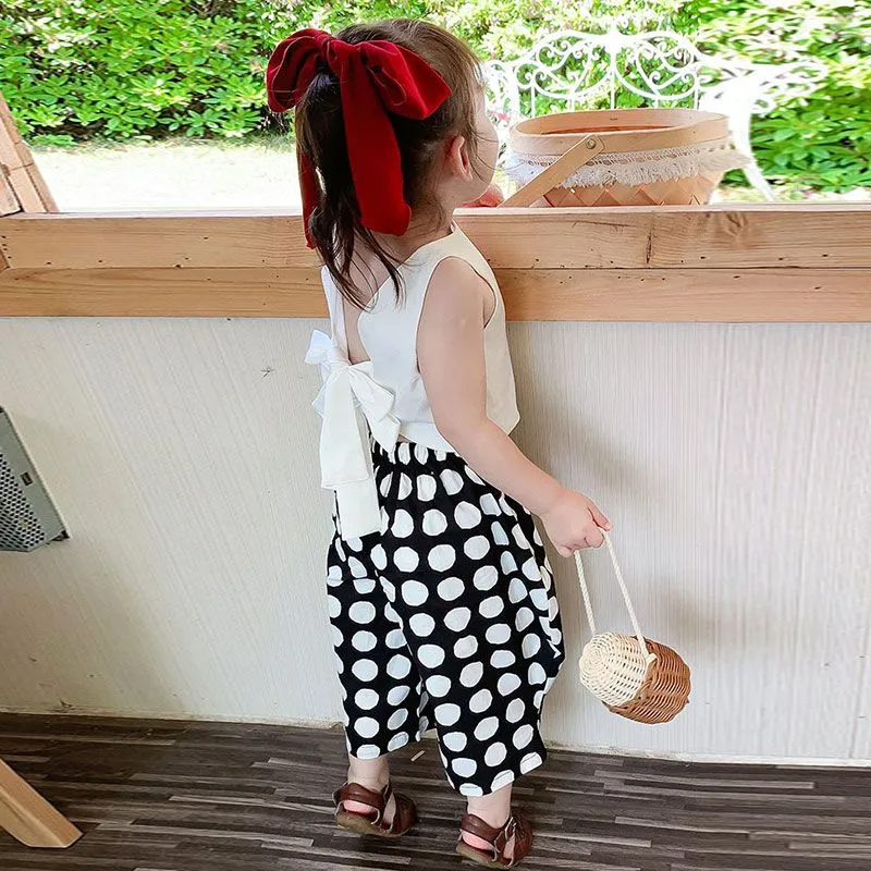 Girls Pure Color Backless Lace-Up Vest And Polka Dot Harem Pants