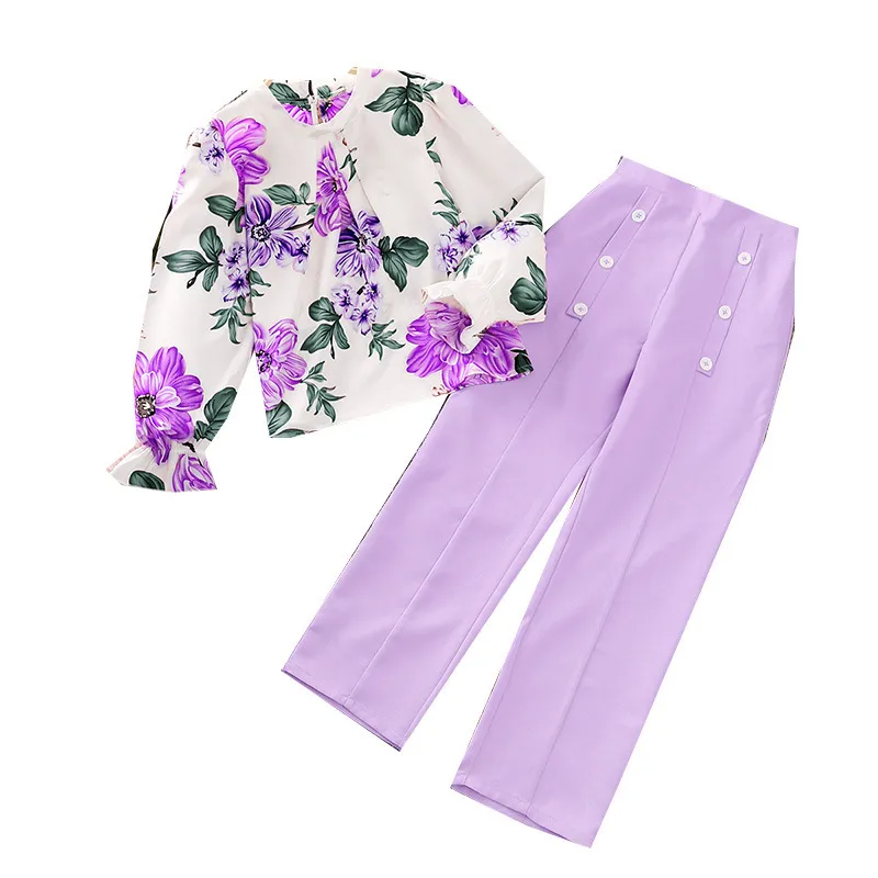 Children Kids Teen Fashion Girls Flower Printed Long Sleeved Top And Pants 2pcs Set