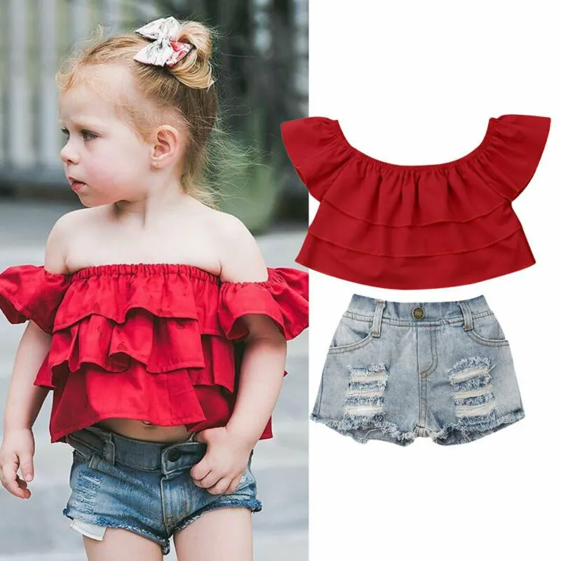 2 Pcs Set Girl Kid Red Ruffle Off-Shoulder Tops And Denim Shorts