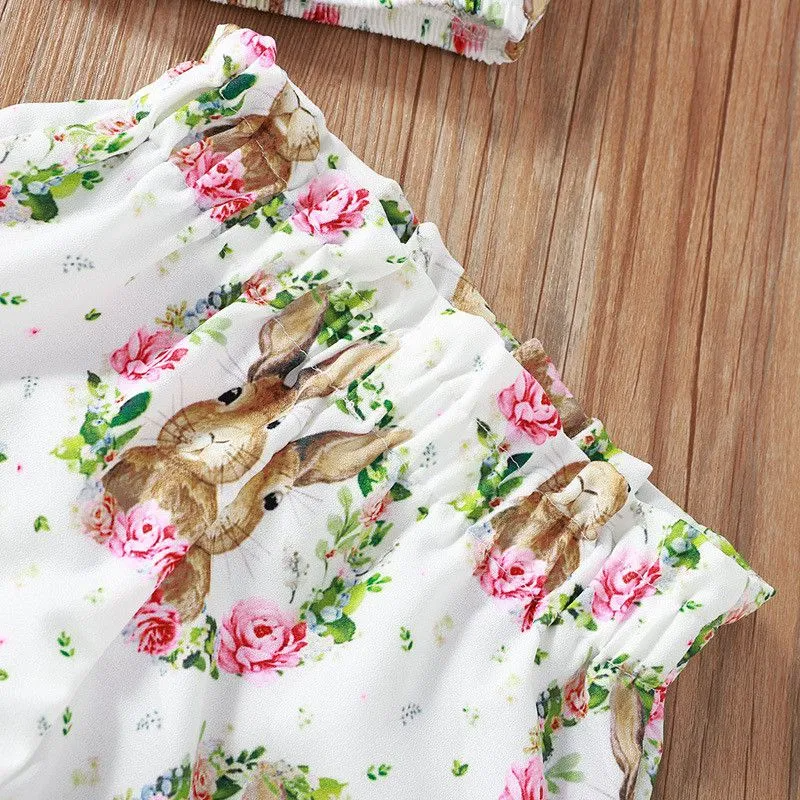 2 Pcs Set Girl Flower Rabbit Print Tops And Shorts