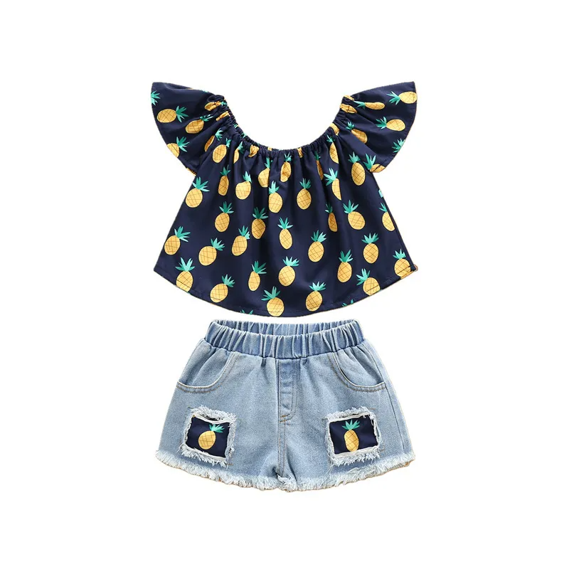 Children Kids Baby Fashion Girls Rufflr Sleeve Pineapple Print Top And Denim Shorts 2pcs Set