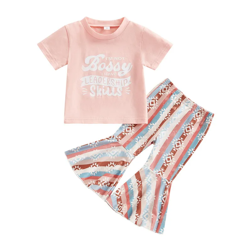 Kids Toddler Girls Casual Cute Letter Print Short Sleeve Round Neck T-Shirt Flare Trousers Set