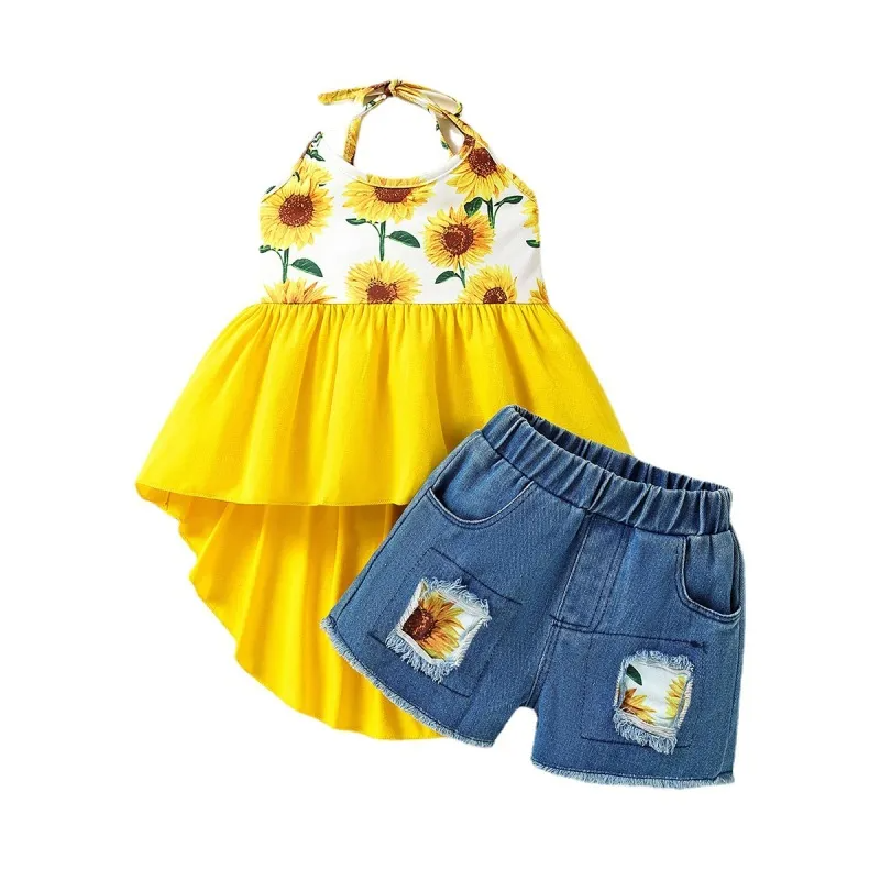 Children Kids Baby Fashion Girls Sunflower Sleeveless Suspenders Top And Denim Shorts 2pcs Set