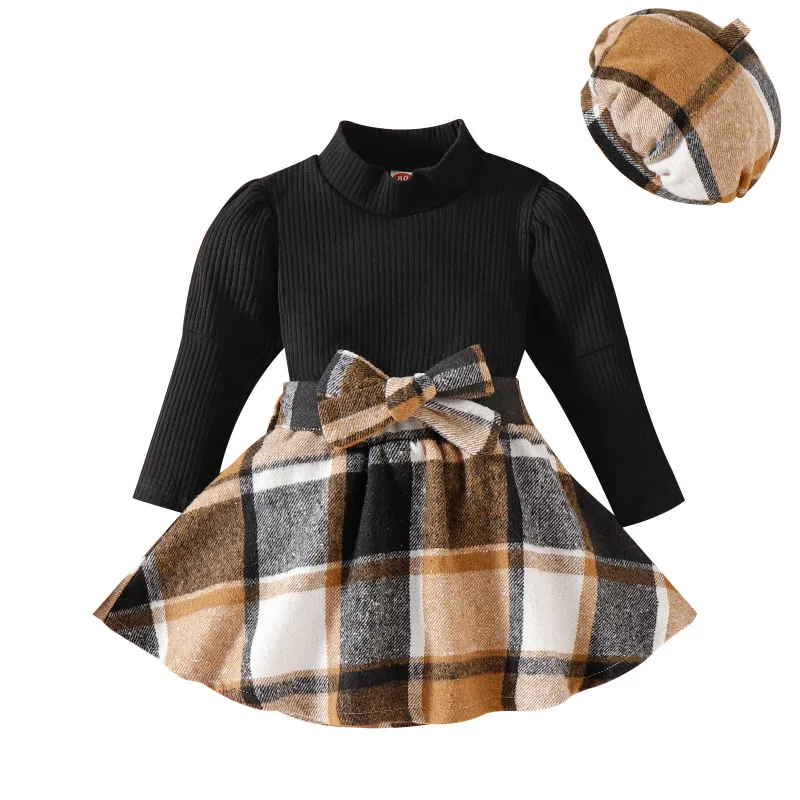 Kids Toddler Girls Fashion Casual Solid Color Stripe Long Sleeve Round Neck T-Shirt Plaid Short Skirt Sets