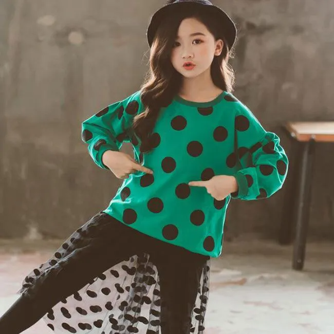 2 Pcs Set Junior Girl Black Dot Print Tops And Patchwork Pants