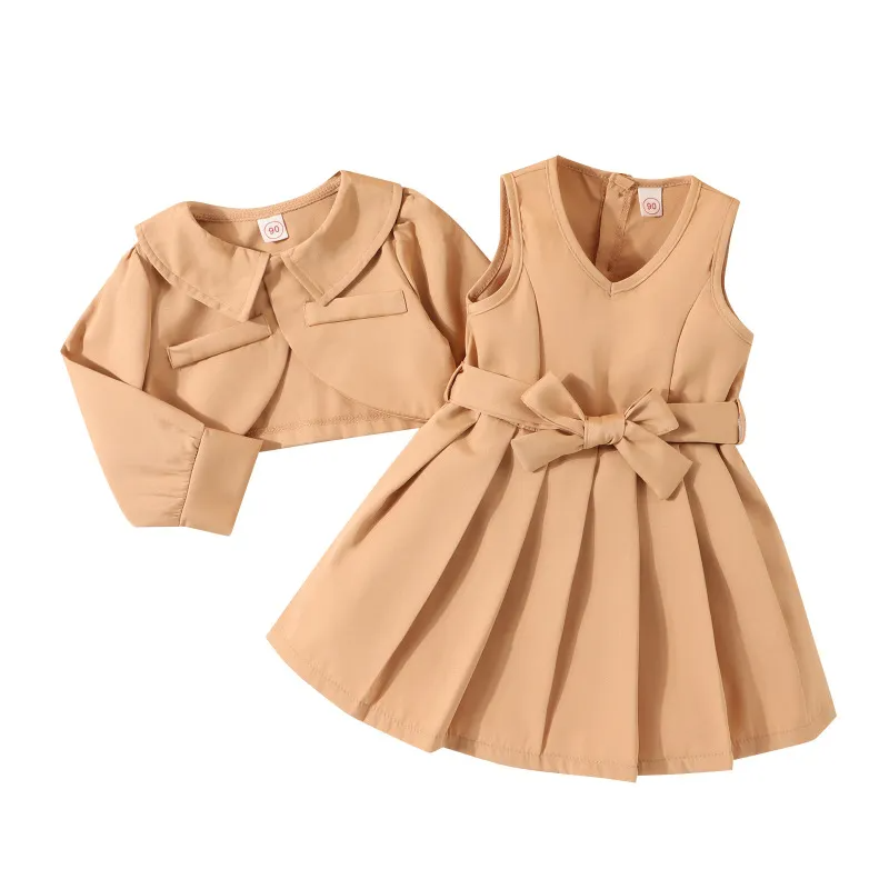 Kids Toddler Girls Fashion Casual Solid Color Sleeveless V Neck Pleated Dress Long Sleeve Lapel Coat Sets