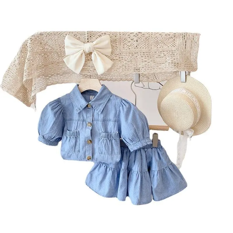 Girls Basic Puff Sleeve Lapel Single-Breasted Top And Skirt Denim Two-Piece Set