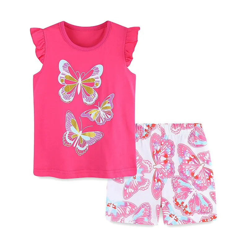 Kids Toddler Girls Casual Cute Butterfly Print Fluttering Sleeve Round Neck T-Shirt Shorts Set