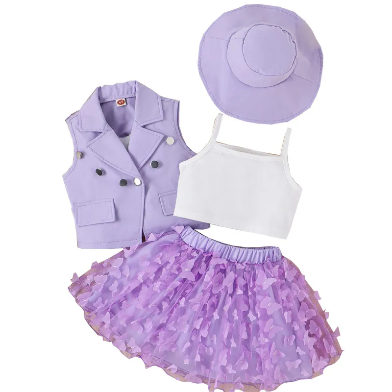 Kids Fashion Sling Butterfly Mesh Skirt Sleeveless Suit Hat Four-Piece Set