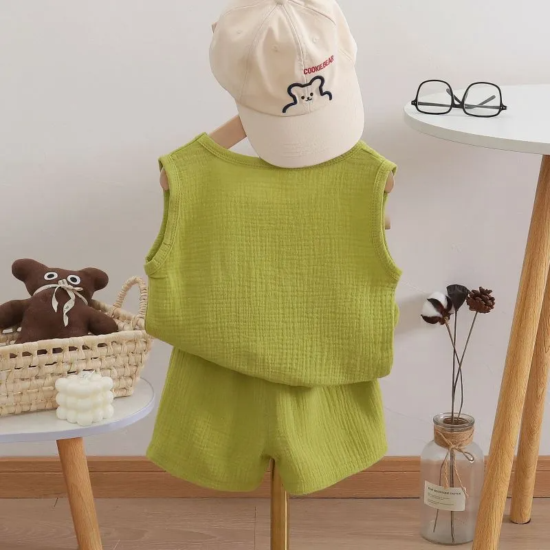 Kids Toddler Girls Boys Summer Fashion Casual Solid Color Bear Pendant Round Neck Sleeveless Vest Shorts Set