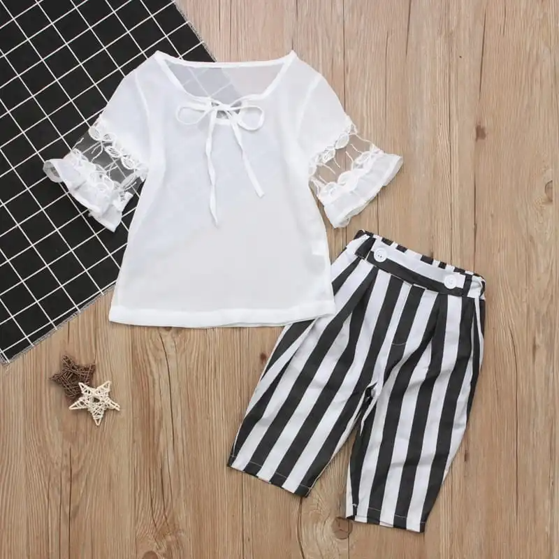 Girls Flared Sleeves Tops And Striped Pants Set