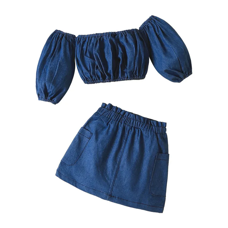 Kids Baby Toddler Girls Fashion Pleated Off Shoulder Top And Denim Skirt Two-Piece Set