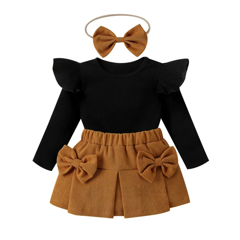 Kids Baby Toddler Girls Fashion Casual Solid Color Stripe Long Sleeve Round Neck T-Shirt Bow Skirt Sets