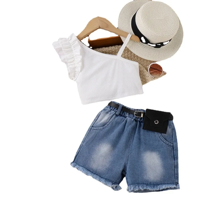 Kids Toddler Girls Casual Cute Solid Color Sleeveless One-Shoulder Camisole Denim Shorts Set