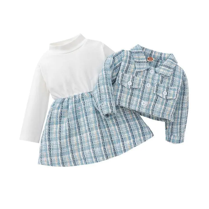 Kids Baby Girls Fashion Casual Chic Plaid Long Sleeve Lapel Coat Dress Sets