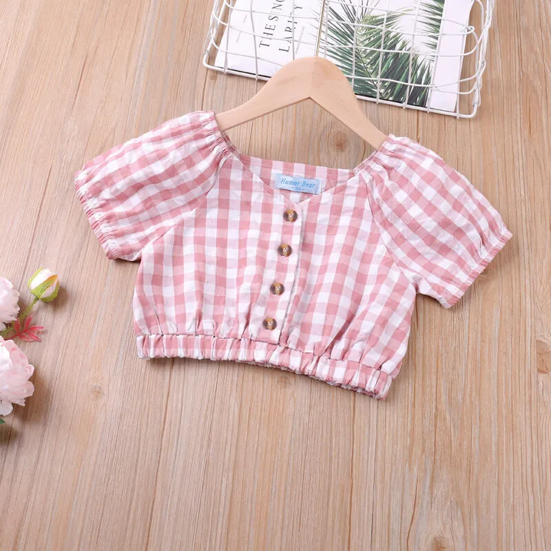 Girls Fashion Plaid Tops And Bow Decor Shorts Set