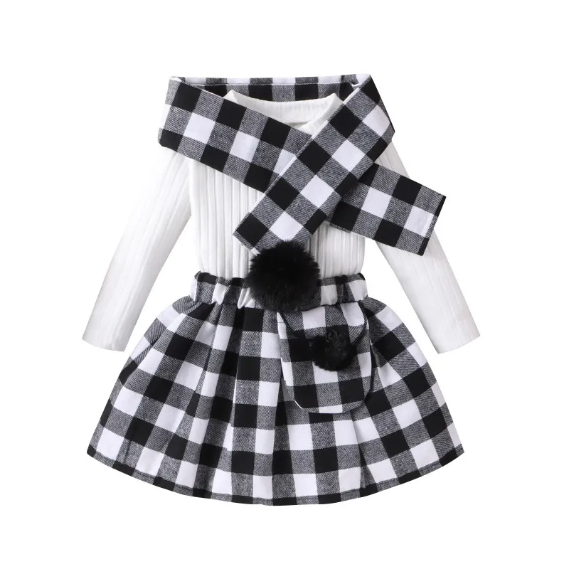 Kids Toddler Girls Fashion Casual Solid Color Stripe Long Sleeve Round Neck T-Shirt Plaid Short Skirt Sets