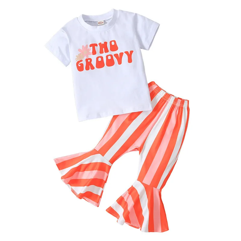 Kids Toddler Girls Summer Fashion Casual Sweet Cotton Letter Round Neck T-Shirt Stripe Flare Trousers Set