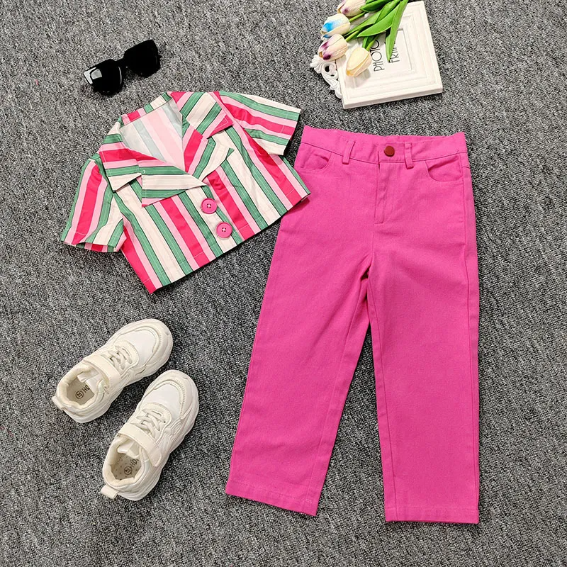 Kids Toddler Girls Fashion Stripe Shirt And Solid Color Mopping Pants Two-Piece Set