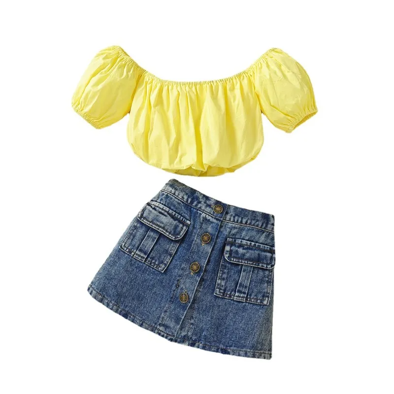 Children Kids Baby Fashion Girls Short Sleeve Tube Top And Denim Skirt 2pcs Set