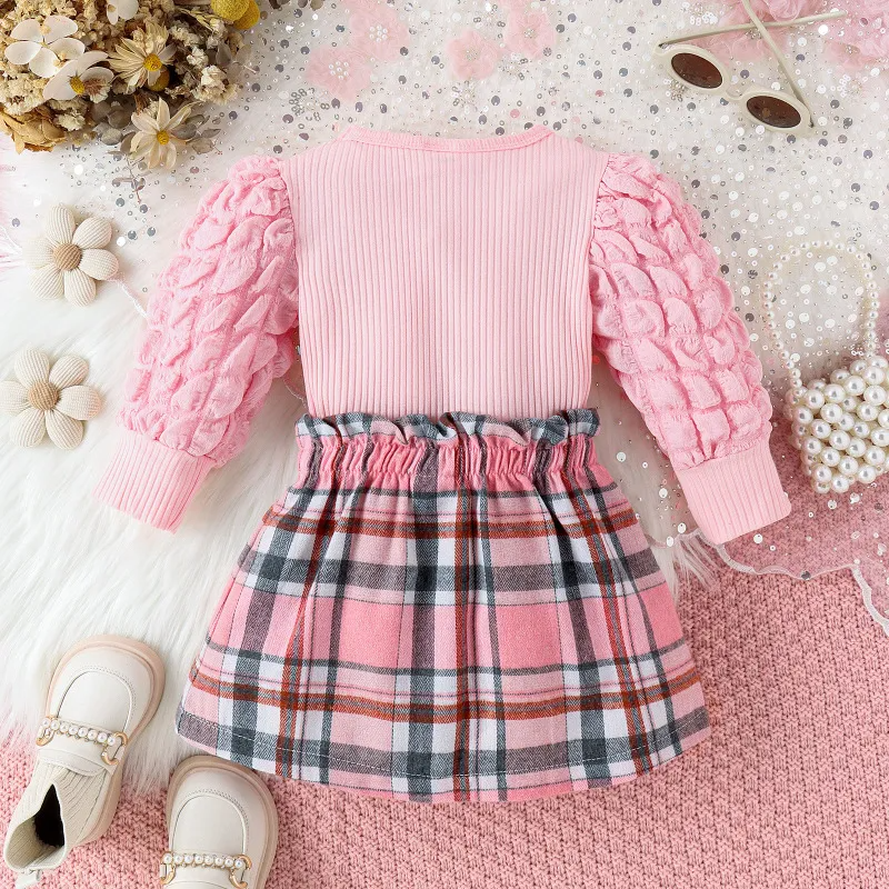 Kids Baby Toddler Girls Fashion Casual Cute Solid Color Bow Puff Sleeve Round Neck Top Skirt Set