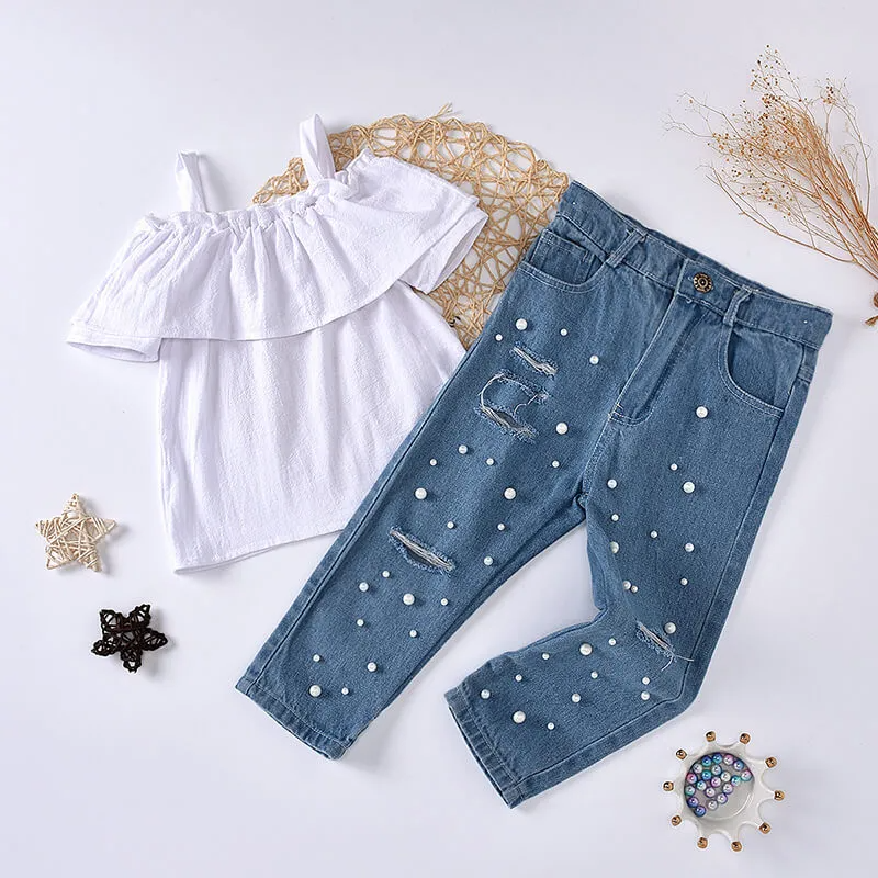 Kids Toddler Girls Fashion Off-The-Shoulder Tops And Pearl Decor Jeans Set