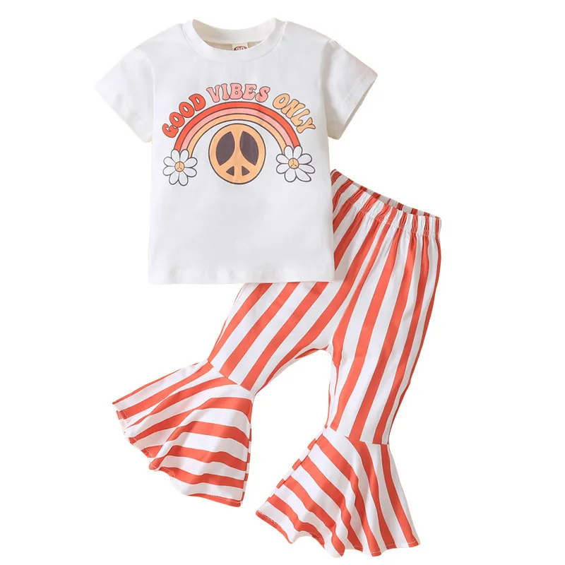 Kids Toddler Girls Summer Fashion Casual Cotton Letter Color Matching Round Neck T-Shirt Stripe Flare Trousers Set