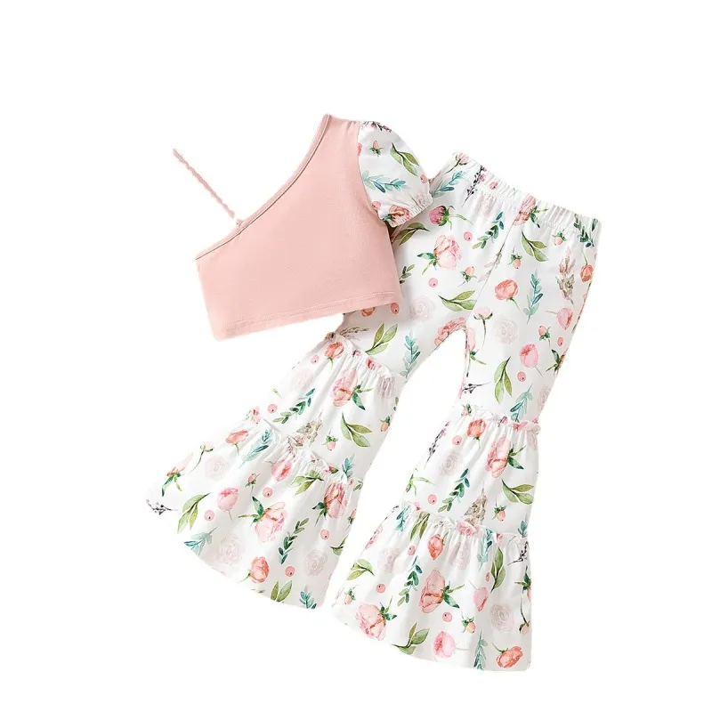 Children Kids Baby Fashion Girls Butterfly Flower One-Shoulder Suspender Top And Flared Pants 2pcs Set