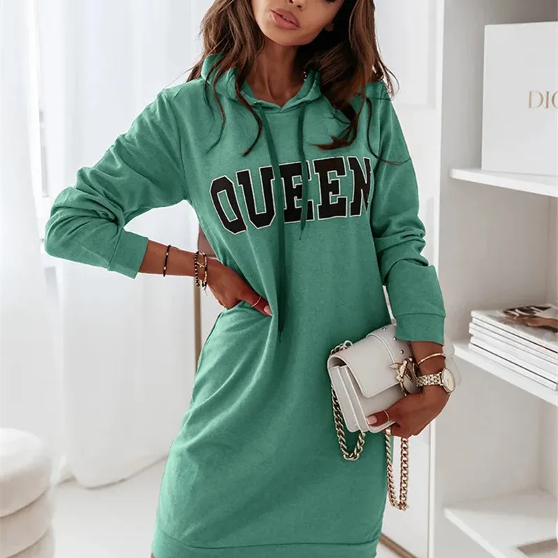 Autumn Winter Women Casual Long-Sleeved Hooded Letter Dress